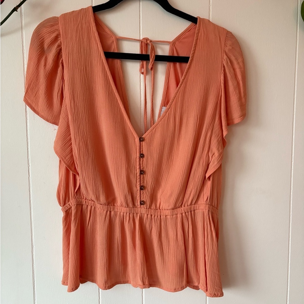Forever 21 Orange Flutter Sleeve Blouse Tie Back Size 2X